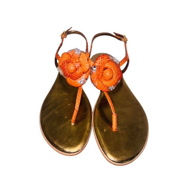 Vince Camuto Orange Snake-Embossed Flat Sandals 9 Gold Leather Flower Accent - Picture 1 of 11